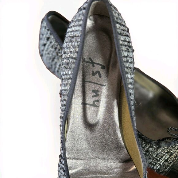 FS/NY French Sole Black Twill 1.5" Wedge Heel Shoe Sz 9 Patent Leather Cap Toe - Picture 2 of 7